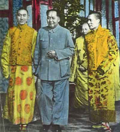 
The 10th Panchen Lama, Mao Tse-tung, and the 14th Dalai Lama, hand-painted photograph, 1954 - The Story Of Tibet book
